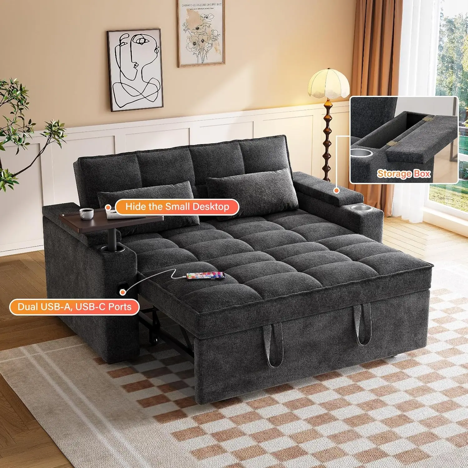 Black Chenille 3-in-1 Sofa Bed with Adjustable Backrest, 360° Swivel Table, USB & Type-C, Easy Setup
Black Chenille 3-in-1 Sofa Bed with Adjustable Backrest, 360° Swivel Table, USB & Type-C, Easy Setup
