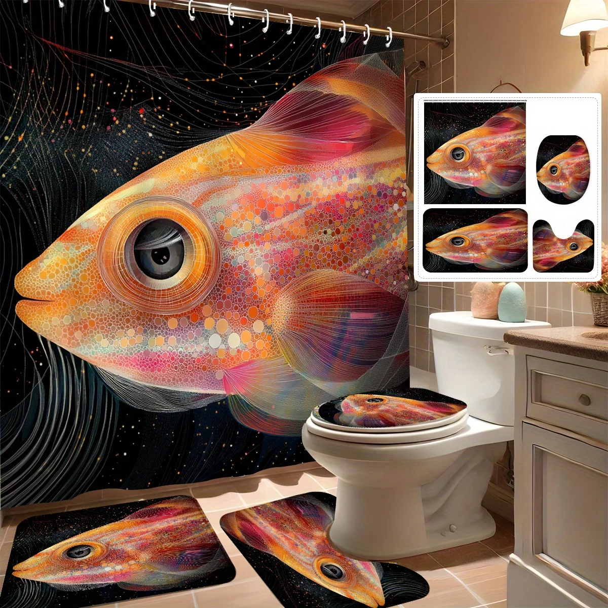 4pcs-Shower Curtain Set, Abstract Color Dotted Fish, Modern Personalized Bathroom Decor -71Inch*71Inch
4pcs-Shower Curtain Set, Abstract Color Dotted Fish, Modern Personalized Bathroom Decor -71Inch*71Inch