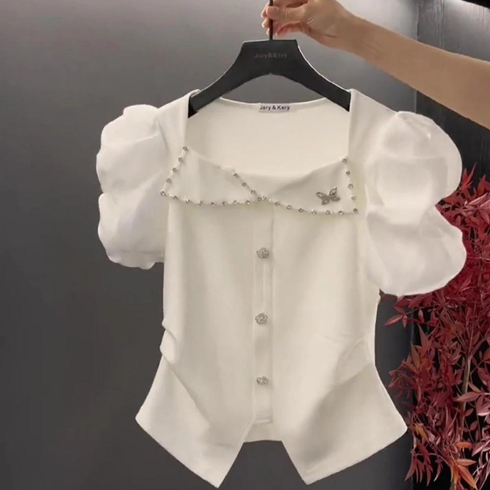 Lace patchwork bubble sleeves 2025 new summer chiffon shirt square neck short sleeved T-shirt women's short top
Lace patchwork bubble sleeves 2025 new summer chiffon shirt square neck short sleeved T-shirt women's short top