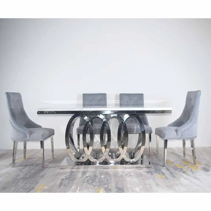 A8082 Modern 4 Circle Chromed Stainless Steel Dinning Set with 6 Chairs Dining Table Chair
A8082 Modern 4 Circle Chromed Stainless Steel Dinning Set with 6 Chairs Dining Table Chair