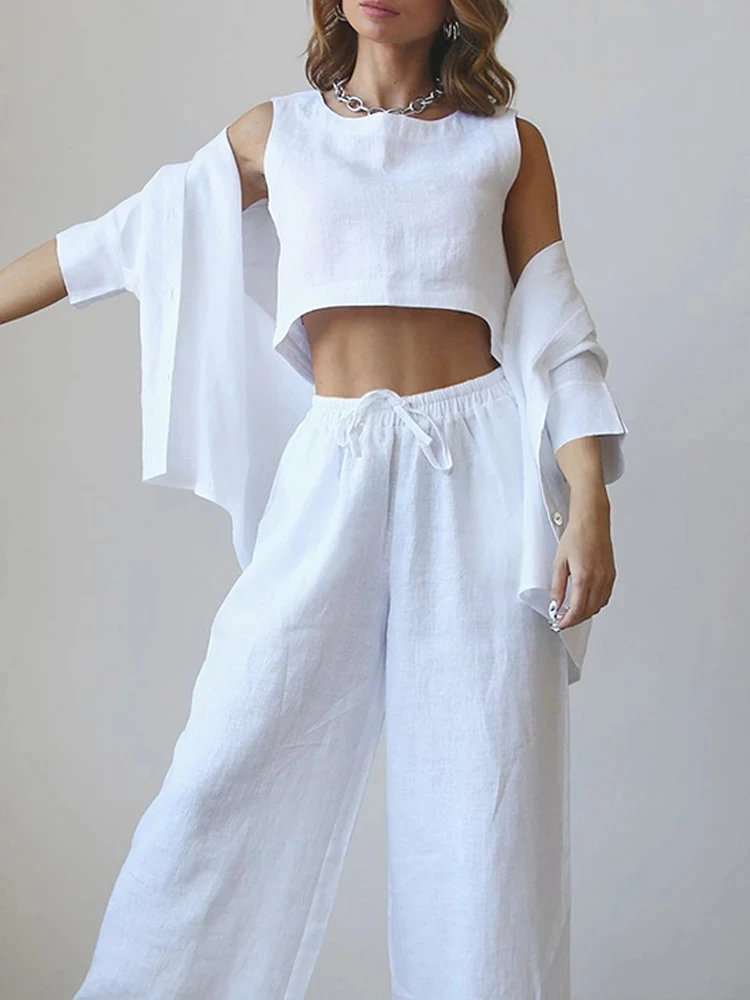 Cotton Linen Vest Shirt Pants 3 Pieces Set Women Summer White Blouses Crop Top Wide Leg Pants Suit Outfit Fashion Lady Homewear
Cotton Linen Vest Shirt Pants 3 Pieces Set Women Summer White Blouses Crop Top Wide Leg Pants Suit Outfit Fashion Lady Homewear