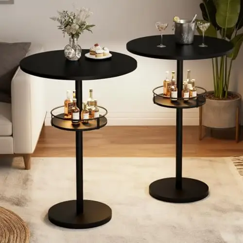 Black Round High-Top Bar Tables Set Of Two With Metal Frame And Lower Shelf For Lounge Kitchen Pub Use
Black Round High-Top Bar Tables Set Of Two With Metal Frame And Lower Shelf For Lounge Kitchen Pub Use