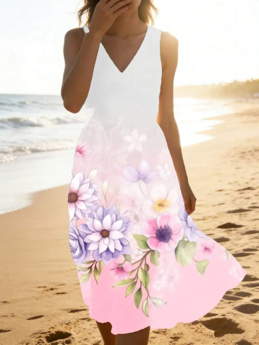 V Neck Sleeveless Floral Print Gradient Dress White To Pink Beach Summer Women Dress
V Neck Sleeveless Floral Print Gradient Dress White To Pink Beach Summer Women Dress