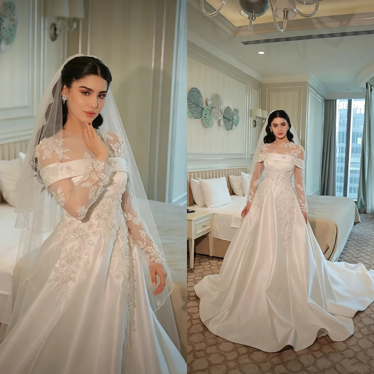 Luxury Off Shoulder Satin Wedding Dress Long Sleeve Lace Beaded A Line Bridal Gown Elegant Floor Length Vestido De NoiCustomized
Luxury Off Shoulder Satin Wedding Dress Long Sleeve Lace Beaded A Line Bridal Gown Elegant Floor Length Vestido De NoiCustomized
