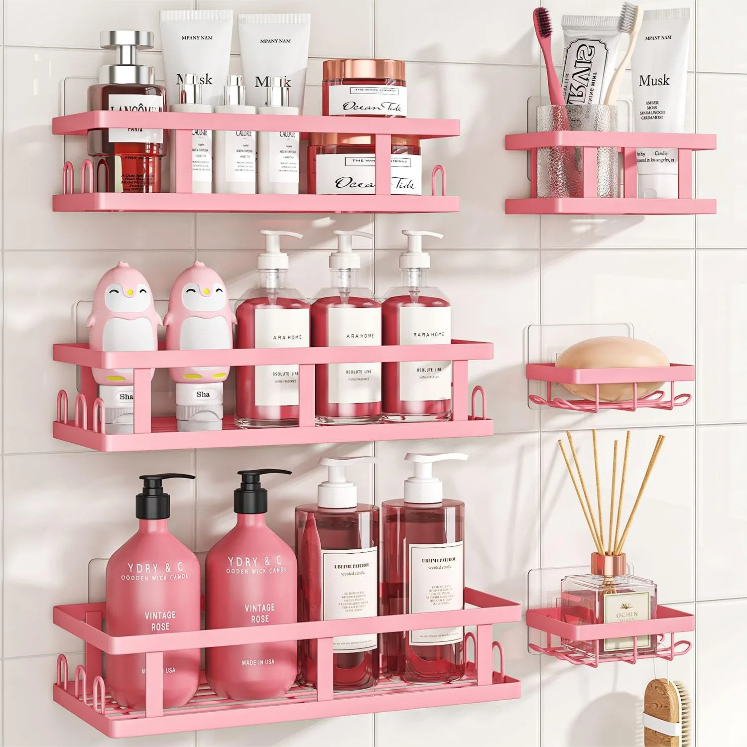 6 Pack Shower Caddy, Adhesive Shelves with Soap Holder, No Drilling Rustproof Large Capacity Pink Bathroom Decor
6 Pack Shower Caddy, Adhesive Shelves with Soap Holder, No Drilling Rustproof Large Capacity Pink Bathroom Decor