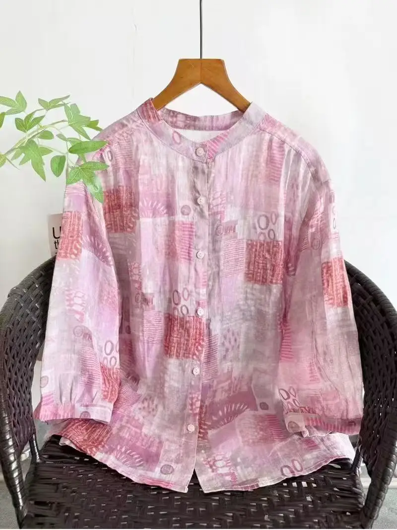 100% Ramie Pink Geometric Printed Linen Shirts for Women Half Sleeve Loose Button Up Casual Tunic Blouses Beach Holiday
100% Ramie Pink Geometric Printed Linen Shirts for Women Half Sleeve Loose Button Up Casual Tunic Blouses Beach Holiday