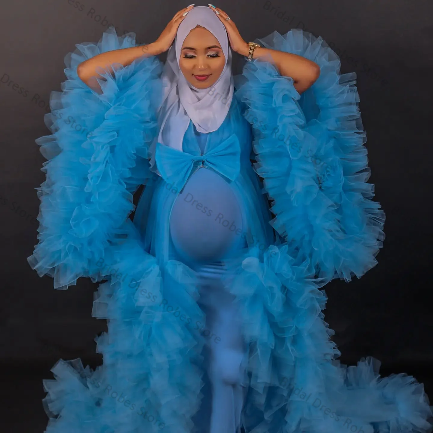 Blue 2 Pcs Women Maternity Dress for Photo Shoot V Neck Full Sleeves Tiered Tulle Bridal Robe Wedding Pregnant Gown Customized
Blue 2 Pcs Women Maternity Dress for Photo Shoot V Neck Full Sleeves Tiered Tulle Bridal Robe Wedding Pregnant Gown Customized