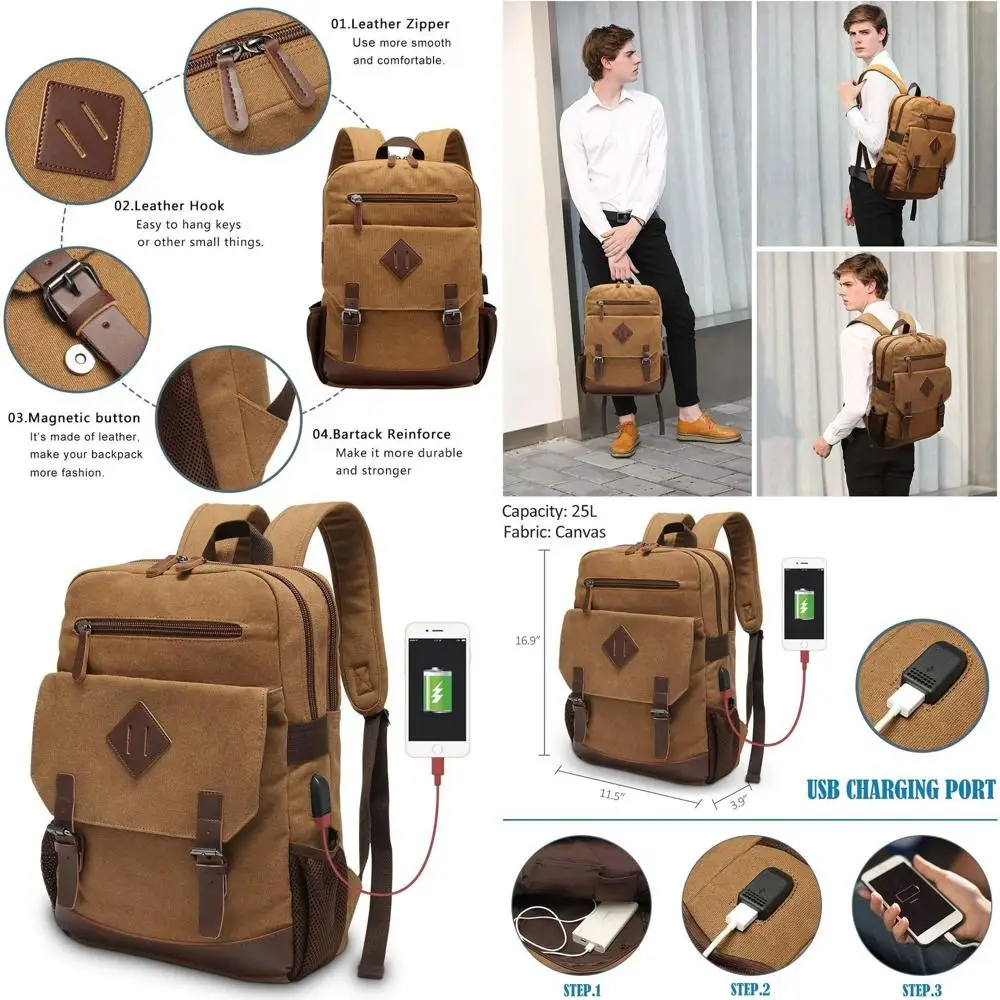 Винтажный холщовый рюкзак с USB-портом для мужчин и женщин, подходит для ноутбуков до 15,6 дюймов, коричневая экологичная сумка
Винтажный холщовый рюкзак с USB-портом для мужчин и женщин, подходит для ноутбуков до 15,6 дюймов, коричневая экологичная сумка