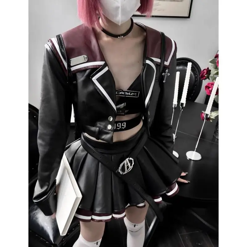 NONSAR Sexy Gothic Pu Leather Skirt Sets Women Casual Y2k Moto Biker Short Jackets Mini Pleated Skirt Female Korean 2 Piece Set
NONSAR Sexy Gothic Pu Leather Skirt Sets Women Casual Y2k Moto Biker Short Jackets Mini Pleated Skirt Female Korean 2 Piece Set