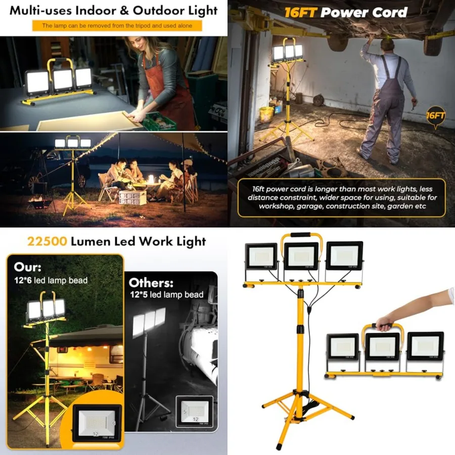 225W 22500 Lumen Work Lights with Stand, Three Head LED Work Light with Individual Switch, 16Feet Power Cord, IP66 Waterproof,
225W 22500 Lumen Work Lights with Stand, Three Head LED Work Light with Individual Switch, 16Feet Power Cord, IP66 Waterproof,