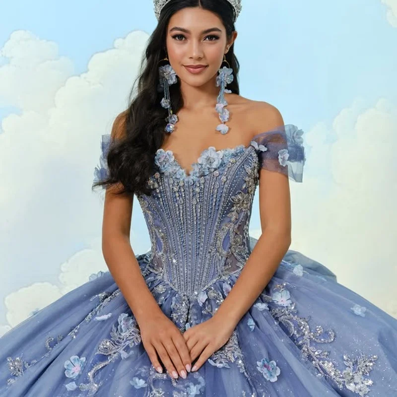 Customized slate blue Quinceanera Dresses Off the Shoulder crystal applique Long tail Lace 3D flower Tull Vestido 15 Quinceanera 
Customized slate blue Quinceanera Dresses Off the Shoulder crystal applique Long tail Lace 3D flower Tull Vestido 15 Quinceanera
