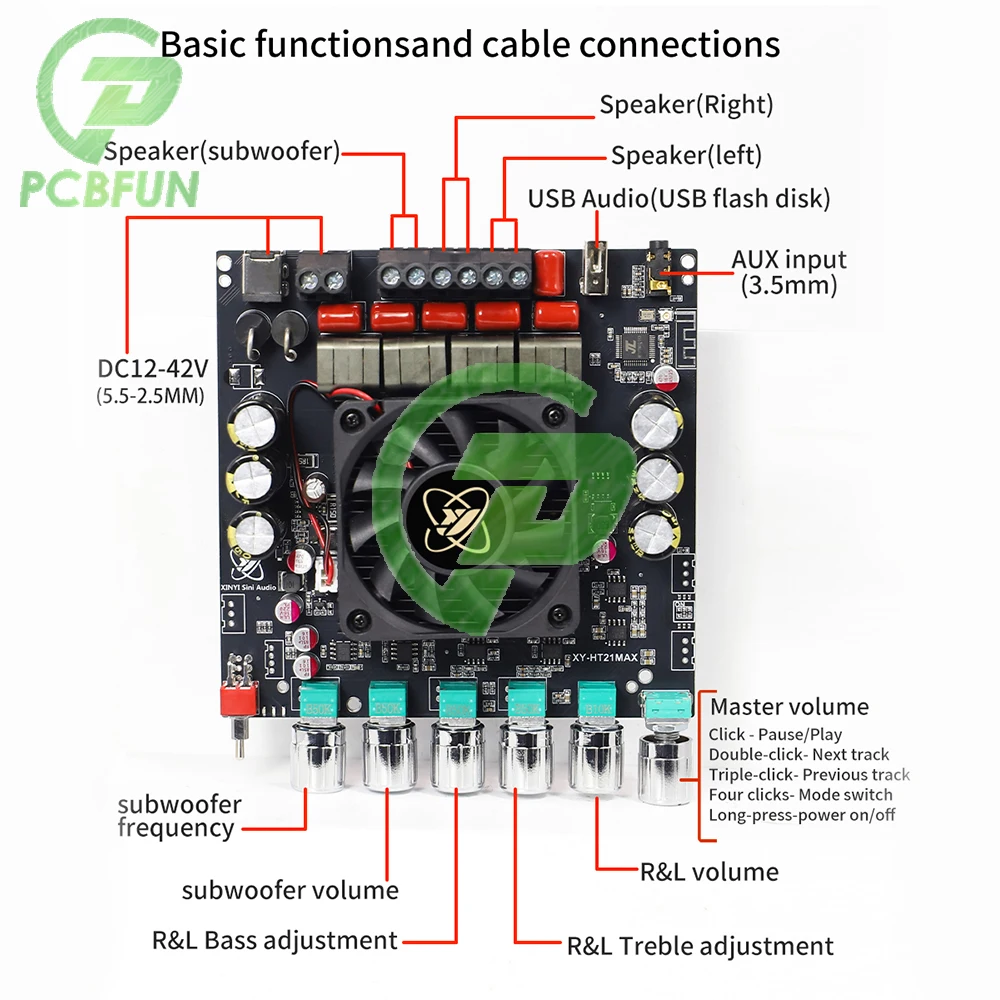 HT21MAX 2.1-channel Bluetooth Amplifier Board 200W * 2+400W TPA3223 High and Low Frequency Adjustment Supports APP
HT21MAX 2.1-channel Bluetooth Amplifier Board 200W * 2+400W TPA3223 High and Low Frequency Adjustment Supports APP