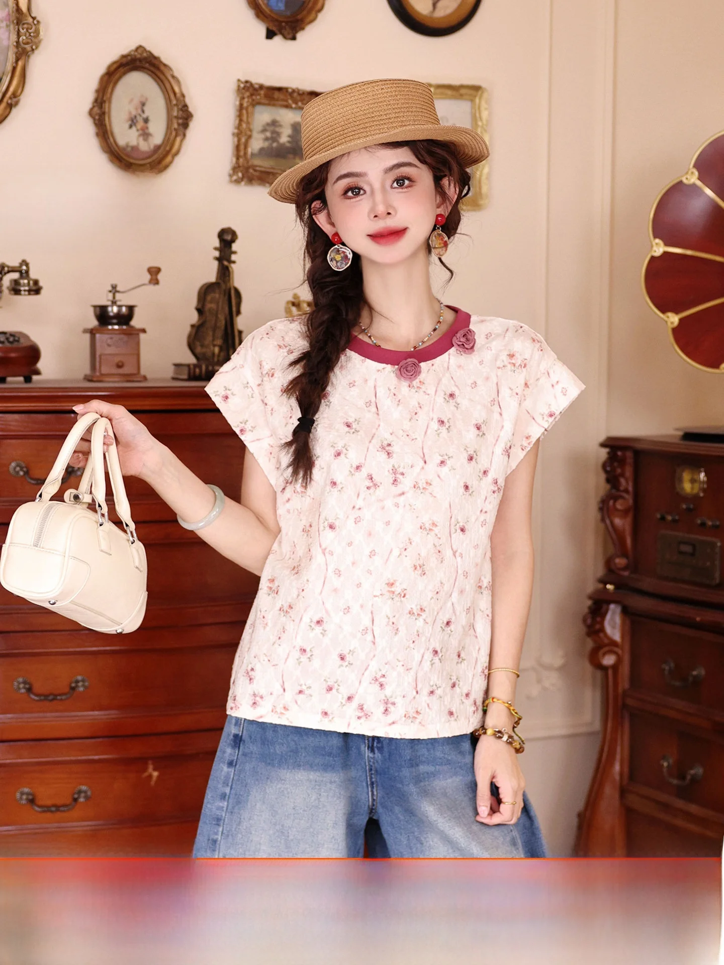 Chen Jiajie Rose Jam round Ne T-irt Women's Loose Casual ort Sve Floral Print Summer Top Vintage Commute Sle
Chen Jiajie Rose Jam round Ne T-irt Women's Loose Casual ort Sve Floral Print Summer Top Vintage Commute Sle