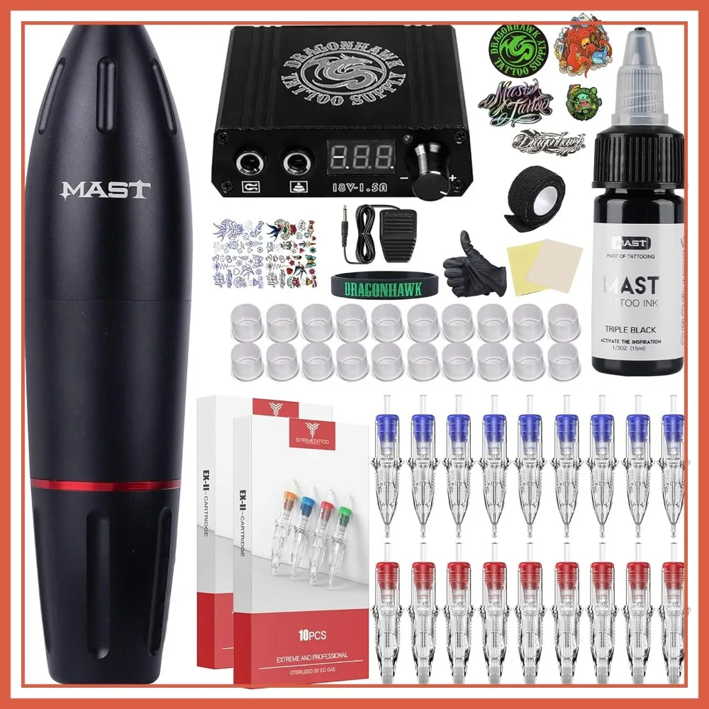 Rotary Tattoo Pen Kit with 20 Cartridges, Needles, Foot Pedal & Power Supply for Artists
Rotary Tattoo Pen Kit with 20 Cartridges, Needles, Foot Pedal & Power Supply for Artists