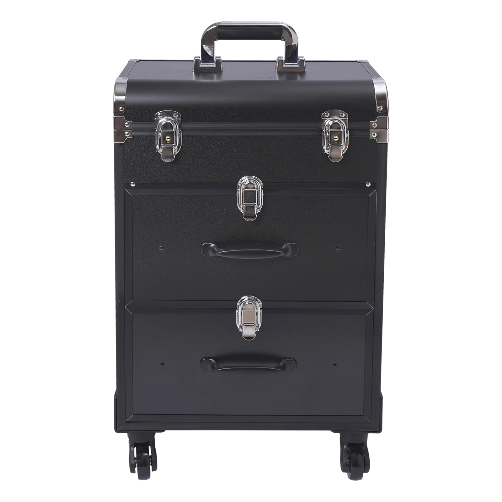 Black 3 Layer Lockable Rolling Makeup Case Aluminum Alloy Frame Plastic Fireproof Board Frosted Surface Universal Wheels Retractable Handle 50kg Max Load Partitioned Storage Cosmetic Trolley for Makeup Nail Art Hair Styling
Black 3 Layer Lockable Rolling Makeup Case Aluminum Alloy Frame Plastic Fireproof Board Frosted Surface Universal Wheels Retractable Handle 50kg Max Load Partitioned Storage Cosmetic Trolley for Makeup Nail Art Hair Styling