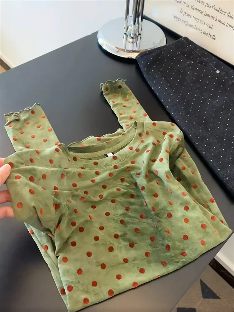 Retro Green Polka Dot Mesh Long Sleeve T-Shirt Women's Casual Versatile Sun Protection Top Korean Style Straight Cut Silk
Retro Green Polka Dot Mesh Long Sleeve T-Shirt Women's Casual Versatile Sun Protection Top Korean Style Straight Cut Silk