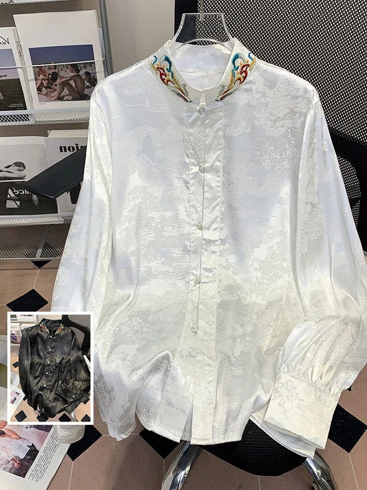 Новая китайская атласная вышитая блузка большого размера, женская модная длинная блузка с воротником-стойкой для поездок на работу
Новая китайская атласная вышитая блузка большого размера, женская модная длинная блузка с воротником-стойкой для поездок на работу