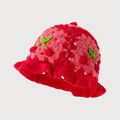 Chapéu de malha de crochê feito à mão de cereja tridimensional de desenho animado doce, chapéu de fio com babados, chapéu de pescador oco elegante, estilo boêmio, adequado para outono e inverno, acessórios casuais diários
