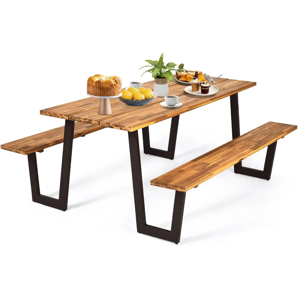 Acacia Wood Picnic Table, 70” Tabletop with Umbrella Hole, Strong Metal Frame, 6 Person Outdoor Picnic Table Bench Set for Pati
Acacia Wood Picnic Table, 70” Tabletop with Umbrella Hole, Strong Metal Frame, 6 Person Outdoor Picnic Table Bench Set for Pati