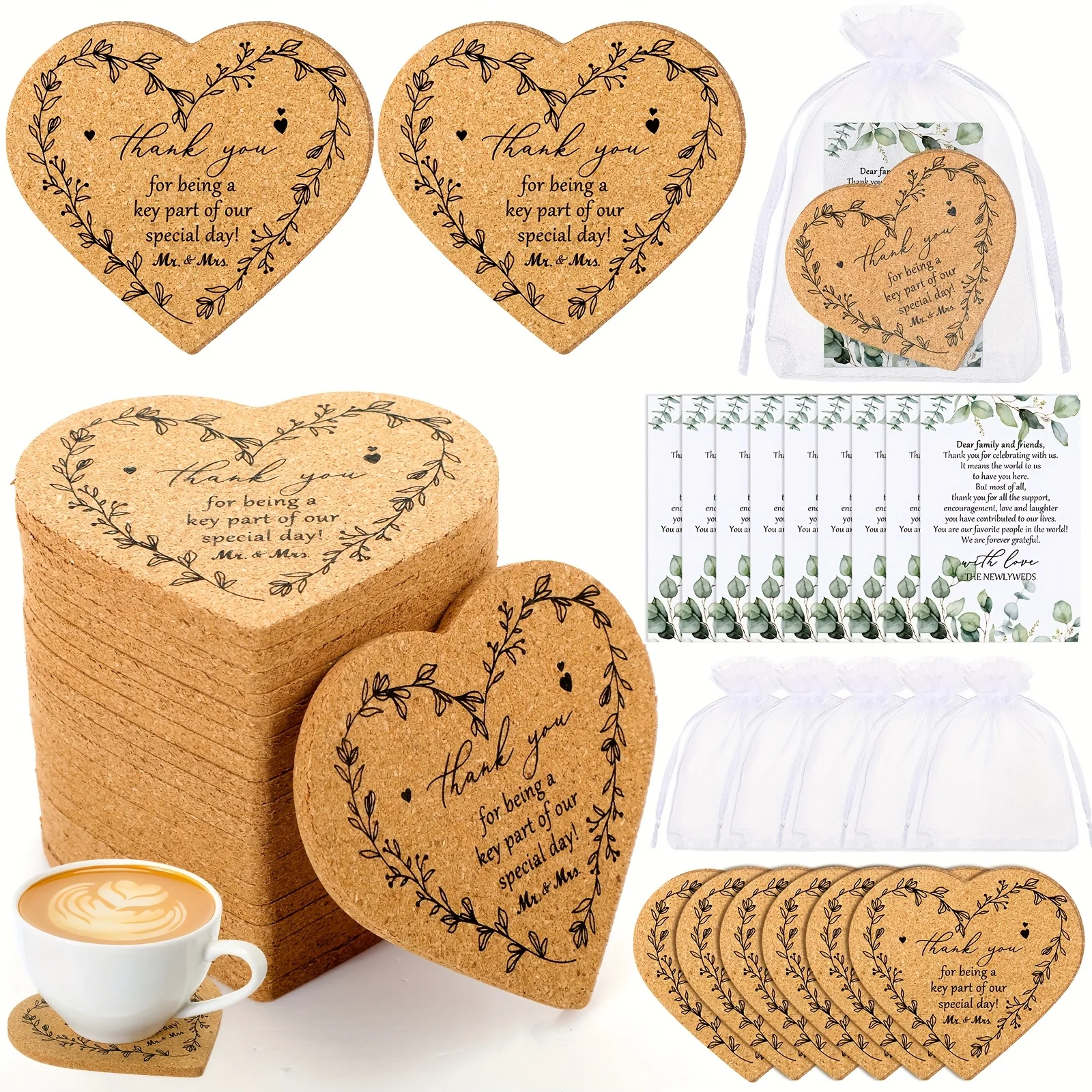 100 Sets Recycled Cork Heart Coasters with Mr & Mrs Personalization, Thank You Cards & Organza Bags - Wedding Favors for Guests, Bridal Party Souvenirs, Hand Wash Only
100 Sets Recycled Cork Heart Coasters with Mr & Mrs Personalization, Thank You Cards & Organza Bags - Wedding Favors for Guests, Bridal Party Souvenirs, Hand Wash Only