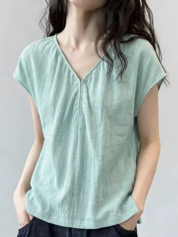 Mint Green V-Neck Short Sleeve Cotton Linen Shirt Women's Summer New Style Loose Fit Regular Thickness Korean Version Top
Mint Green V-Neck Short Sleeve Cotton Linen Shirt Women's Summer New Style Loose Fit Regular Thickness Korean Version Top