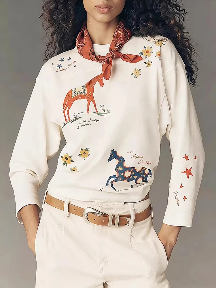 Loose Long Sleeve round Neck T-Shirt Bamboo Cotton Printed Casual Style Women's Spring 2026 Fashion Sensation White Top
Loose Long Sleeve round Neck T-Shirt Bamboo Cotton Printed Casual Style Women's Spring 2026 Fashion Sensation White Top