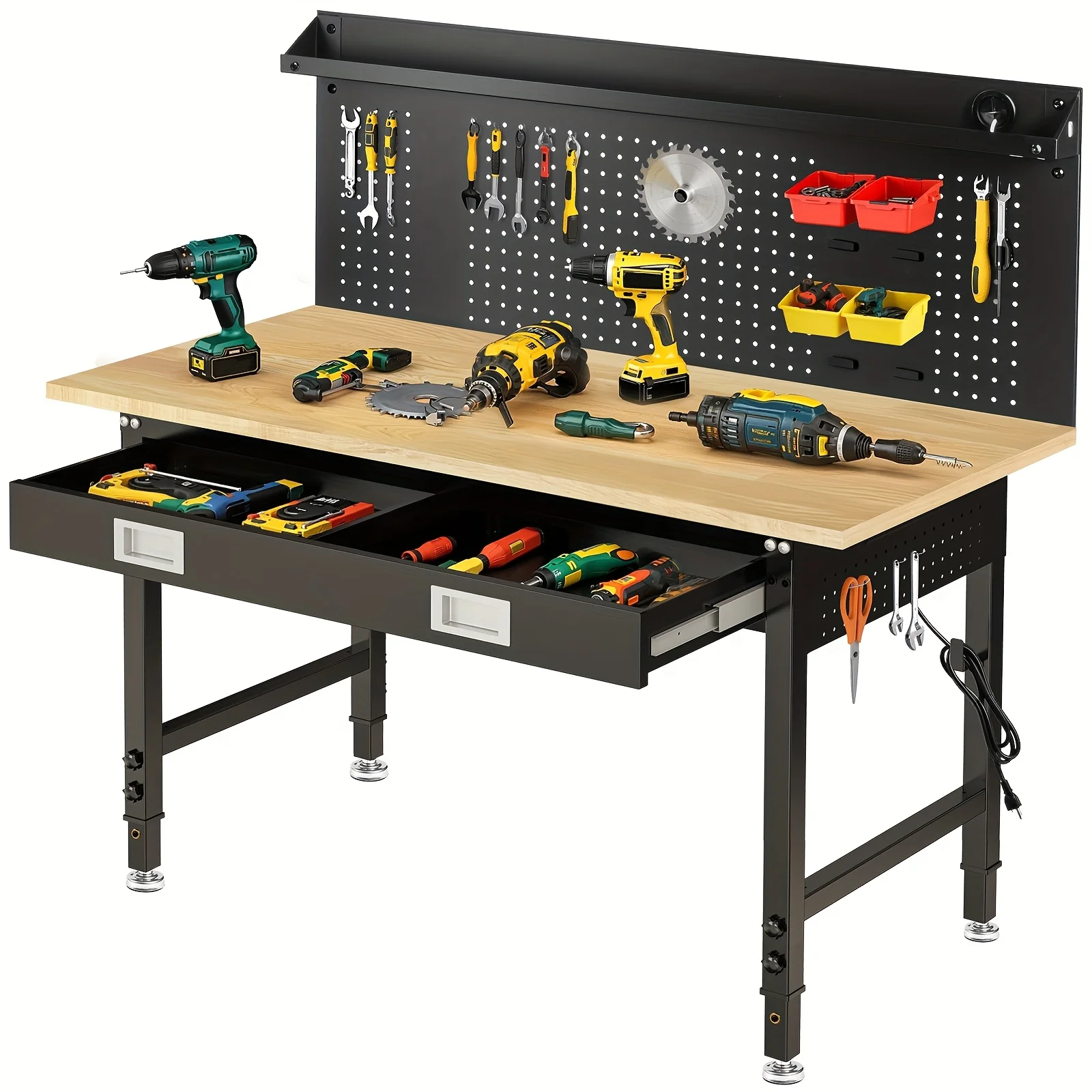 48" 60" Adjustable Work Bench With Drawers, Workbench For Garage With Strip Light, Work Table With Large Pegboard, 2000 LBS Heavy Duty Table With Power Outlet Thick Rubber Wood For Office, Workshop
48" 60" Adjustable Work Bench With Drawers, Workbench For Garage With Strip Light, Work Table With Large Pegboard, 2000 LBS Heavy Duty Table With Power Outlet Thick Rubber Wood For Office, Workshop