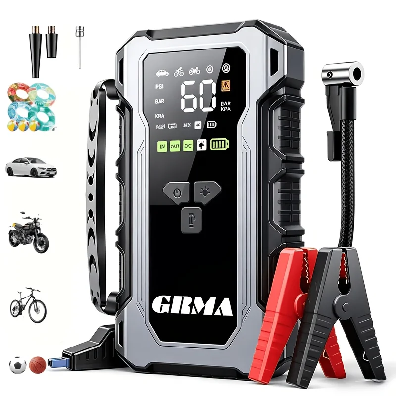 10-In-1 Multi-Functional Emergency Start Power Supply with Air Pump, 300PSL Portable Car Battery Starter, Digital Tire Inflator, Suitable for 2.64 Gallon Gasoline Or 2.38 Gallon Diesel Battery, LED Emergency Light, Car Emergency Tool
10-In-1 Multi-Functional Emergency Start Power Supply with Air Pump, 300PSL Portable Car Battery Starter, Digital Tire Inflator, Suitable for 2.64 Gallon Gasoline Or 2.38 Gallon Diesel Battery, LED Emergency Light, Car Emergency Tool