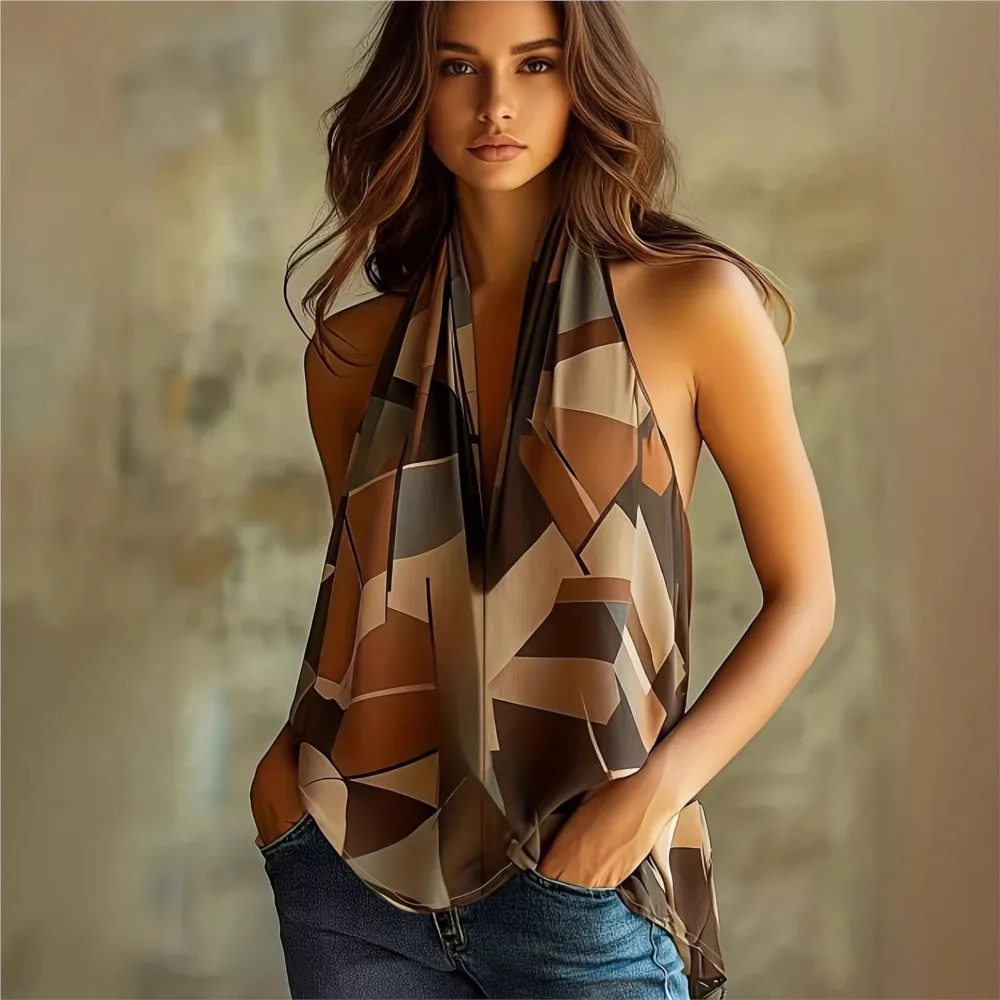 Halterneck Off-shoulder Geometric Print Top Summer Women's New Style Fashionable Backless Lace-up Elegant Contrasting Suspenders
Halterneck Off-shoulder Geometric Print Top Summer Women's New Style Fashionable Backless Lace-up Elegant Contrasting Suspenders