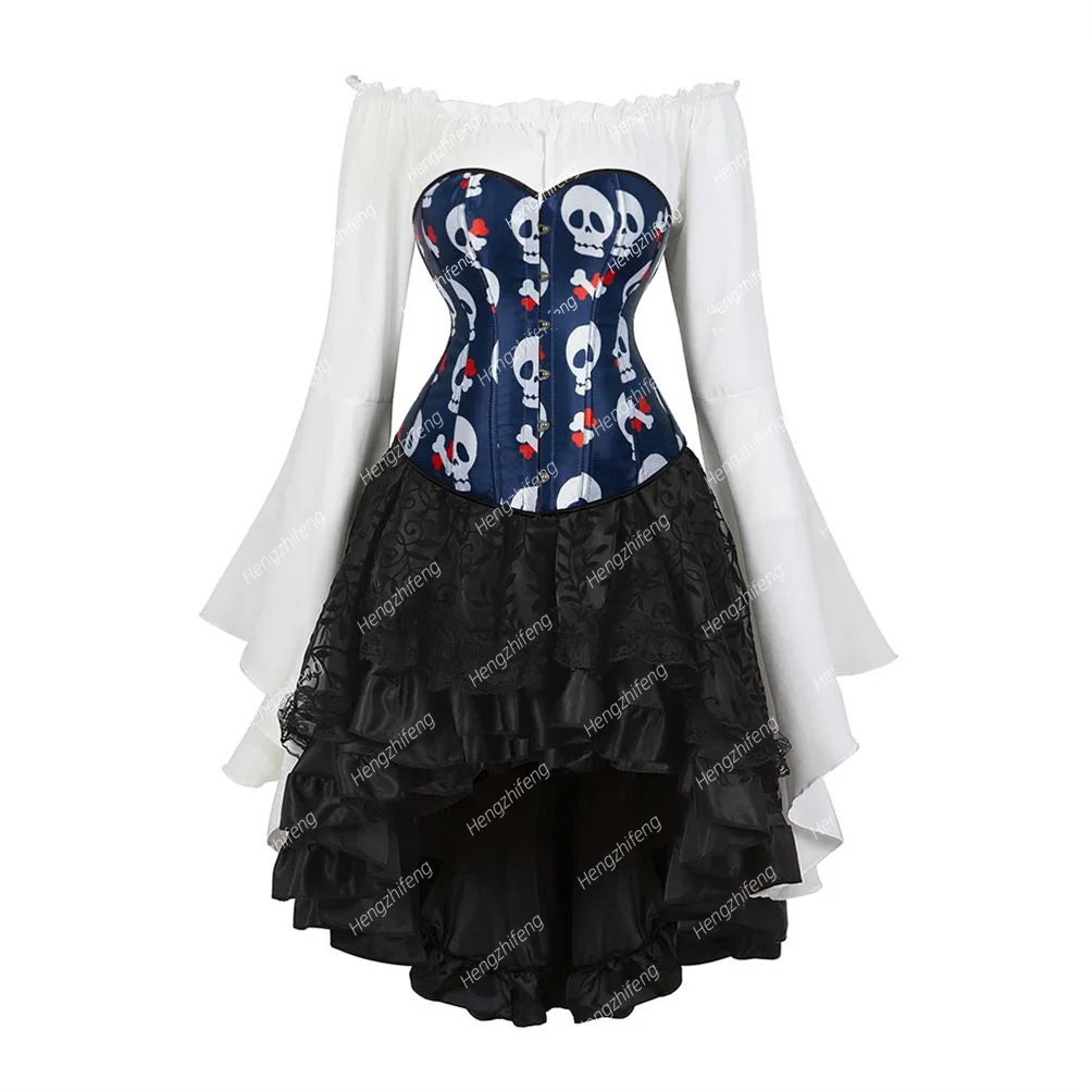 Vintage Corset Dress 3 Piece Outfits Burlesque Corsets Skirt Set Skull Print Bustier Corsage Christmas Costume Bodysuits
Vintage Corset Dress 3 Piece Outfits Burlesque Corsets Skirt Set Skull Print Bustier Corsage Christmas Costume Bodysuits