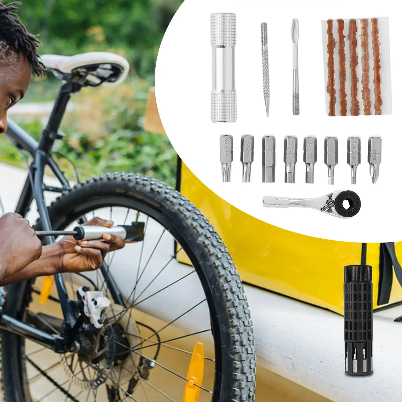 Bike Tire Repair Kit Scooter Wheel Maintenance Tool Portable Cylindrical Ratchet Tire Repair Kit For Bicycle Trail Backpacking
Bike Tire Repair Kit Scooter Wheel Maintenance Tool Portable Cylindrical Ratchet Tire Repair Kit For Bicycle Trail Backpacking