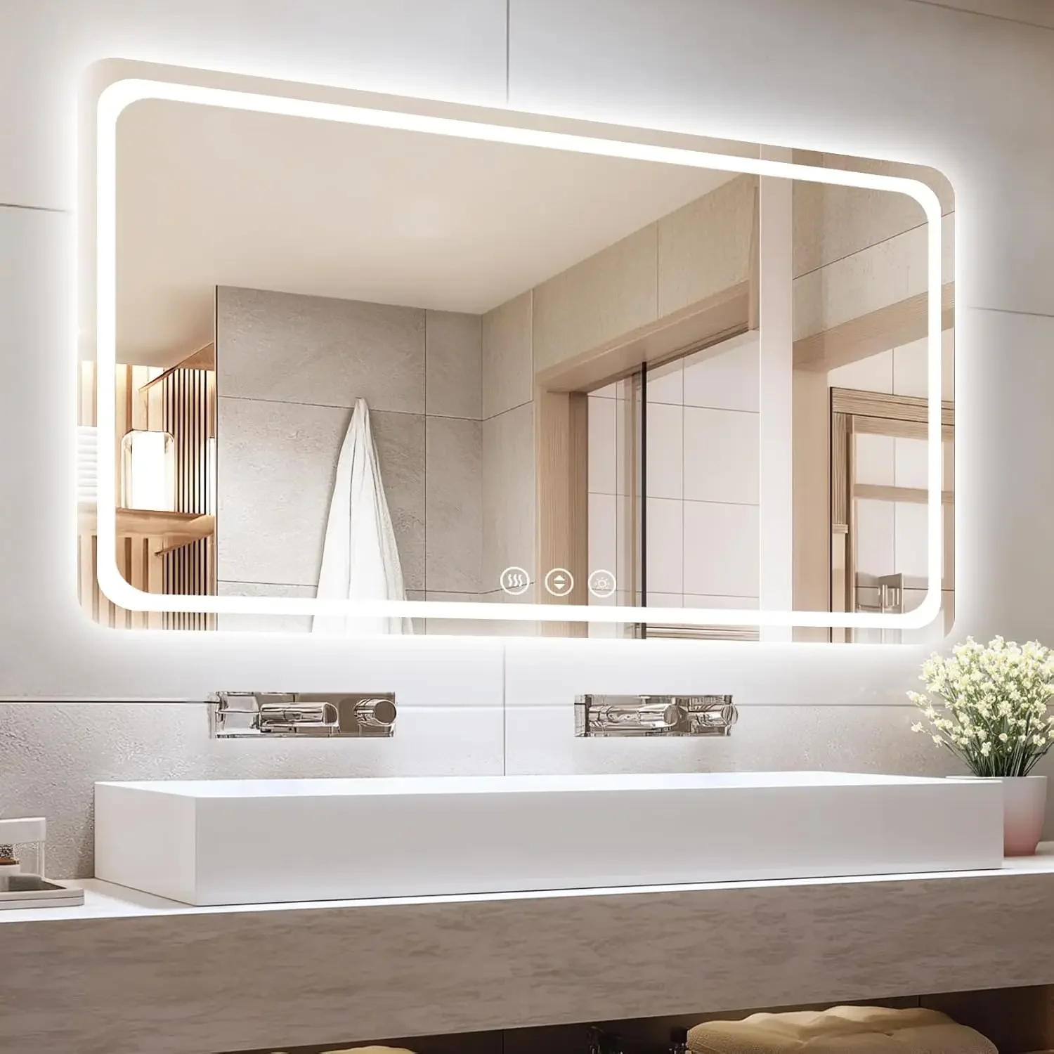 55x36 LED Bathroom Mirror with Lights, Anti-Fog & Tri-Color, Dimmable, Touch Sensor, Wall Mounted
55x36 LED Bathroom Mirror with Lights, Anti-Fog & Tri-Color, Dimmable, Touch Sensor, Wall Mounted