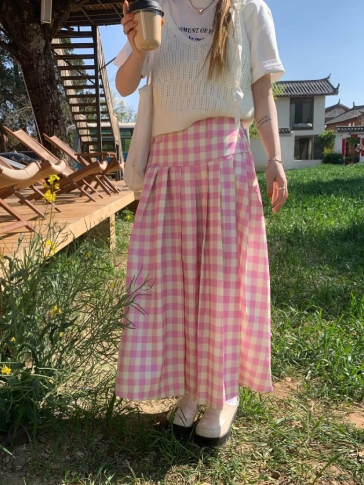 Korean Sweet Pink Plaid A-line Skirt for Women 2025 New Mid-length Loose Skirts Summer High Waist Ruched Faldas Mujer
Korean Sweet Pink Plaid A-line Skirt for Women 2025 New Mid-length Loose Skirts Summer High Waist Ruched Faldas Mujer