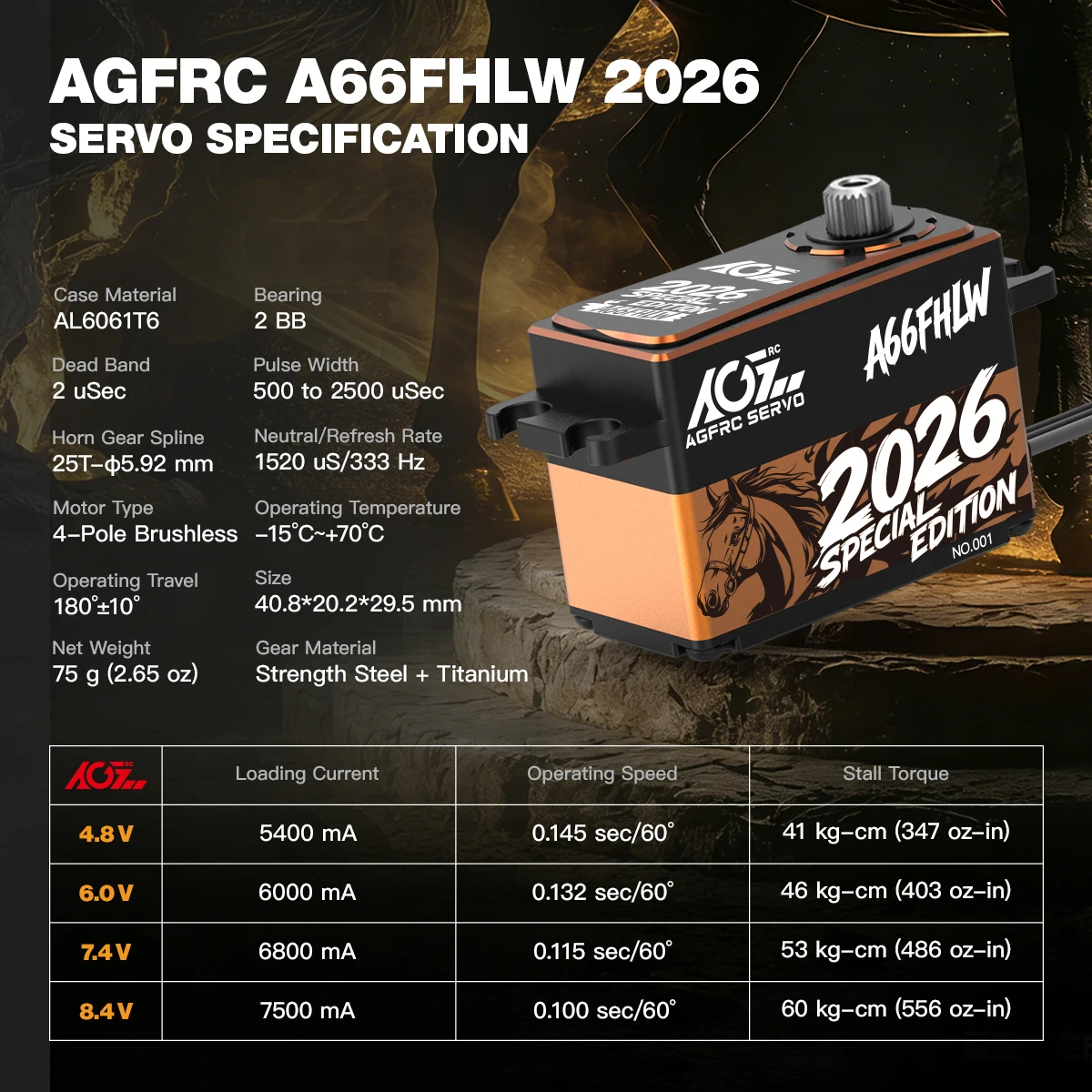 AGFRC A66FHLW 2026 Special Edition 60KG Super Torque 0.100Sec 4-Pole Steel Gears Brushless Waterproof Servo For Most RC Cars
AGFRC A66FHLW 2026 Special Edition 60KG Super Torque 0.100Sec 4-Pole Steel Gears Brushless Waterproof Servo For Most RC Cars