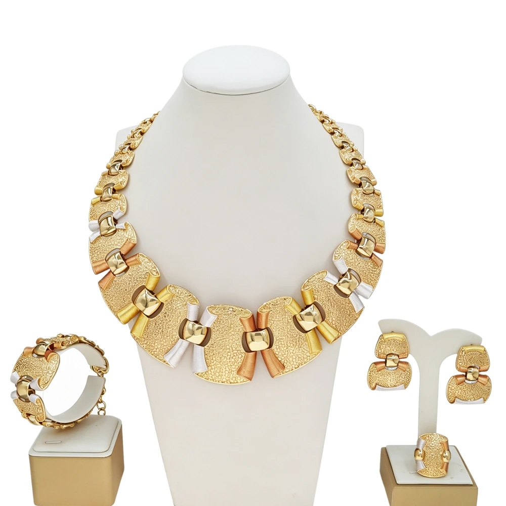 African Fashion Tri-Color Hammer Grain Gold Plated Jewelry Set Chunky Geometric Panel Statement Necklace Earrings Ring Bracelet
African Fashion Tri-Color Hammer Grain Gold Plated Jewelry Set Chunky Geometric Panel Statement Necklace Earrings Ring Bracelet