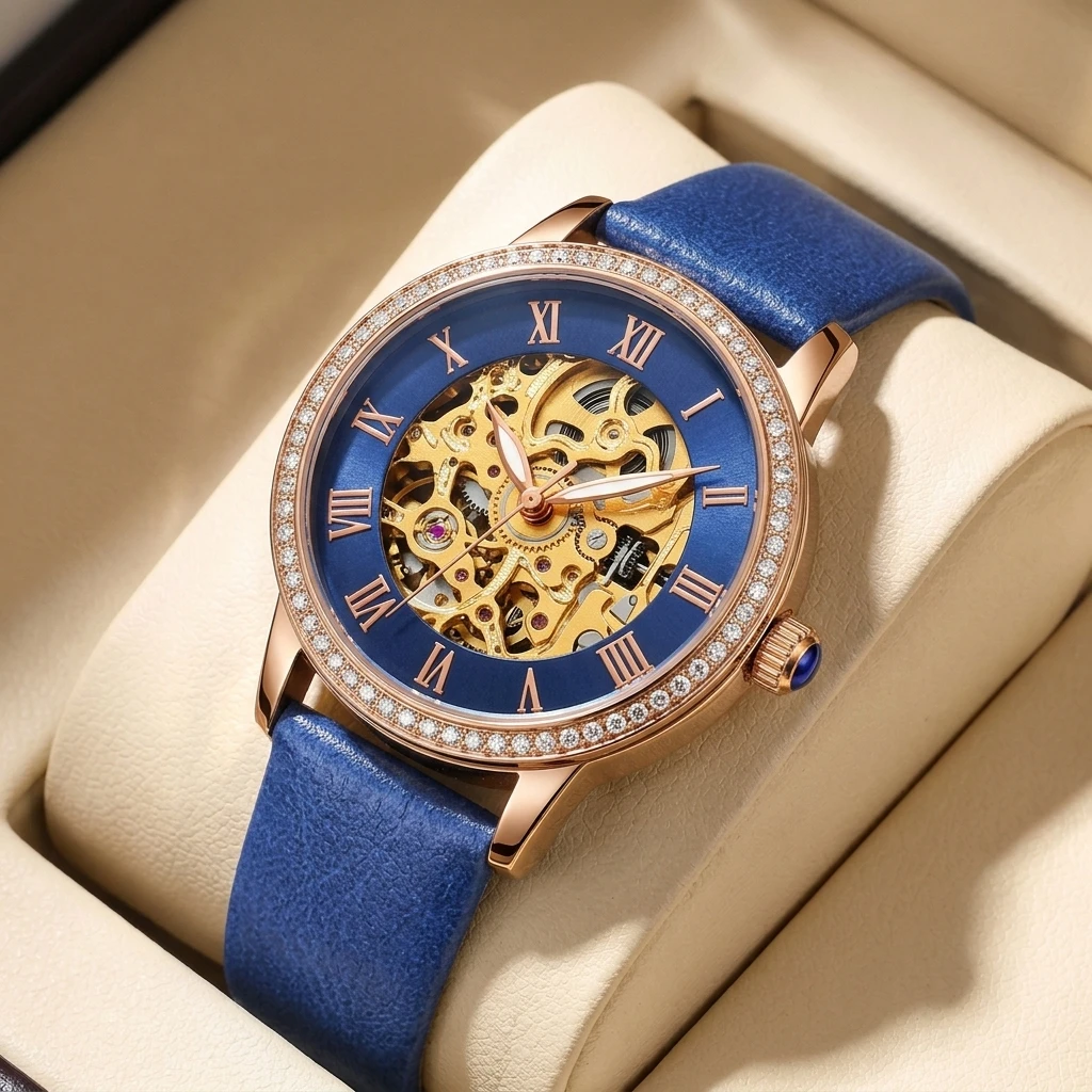1pc Elegant Women's Hollow Mechanical Watch with Blue Strap, Rose Gold Case, Roman Numerals, Shiny Bezel
1pc Elegant Women's Hollow Mechanical Watch with Blue Strap, Rose Gold Case, Roman Numerals, Shiny Bezel