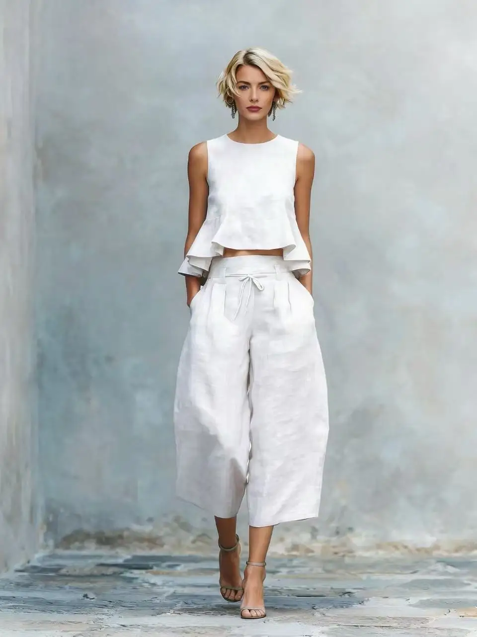 Women's 2-Piece Set Linen Vest Top with Ruffled Navel-Baring Design And 9 Point Pants Slimming Wide-Leg Pants with Pockets Loose
Women's 2-Piece Set Linen Vest Top with Ruffled Navel-Baring Design And 9 Point Pants Slimming Wide-Leg Pants with Pockets Loose