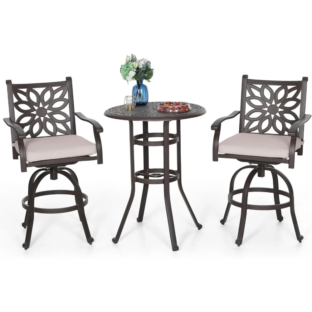 Patio Furniture Set, Brown 3Pcs Cast Aluminum High Top Table and Swivel Bar Stools with Cushion, Pub Bistro Set
Patio Furniture Set, Brown 3Pcs Cast Aluminum High Top Table and Swivel Bar Stools with Cushion, Pub Bistro Set