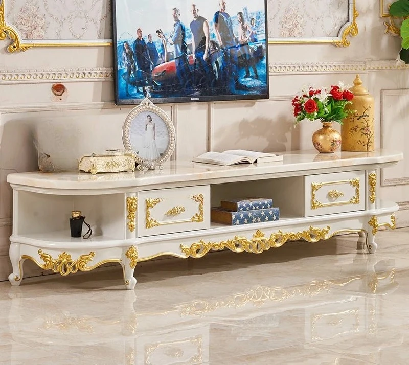 European natural marble TV cabinet, all solid wood white engraved simple oval floor cabinet 
European natural marble TV cabinet, all solid wood white engraved simple oval floor cabinet