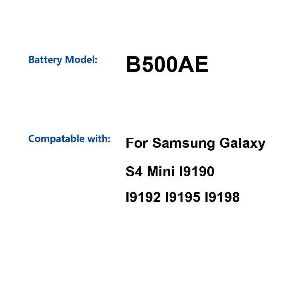 Экологически чистый B500AE для Samsung Galaxy S4 Mini I9190 I9192 I9195 I9198 1900 мАч аккумулятор мобильного телефона высокой емкости
Экологически чистый B500AE для Samsung Galaxy S4 Mini I9190 I9192 I9195 I9198 1900 мАч аккумулятор мобильного телефона высокой емкости
