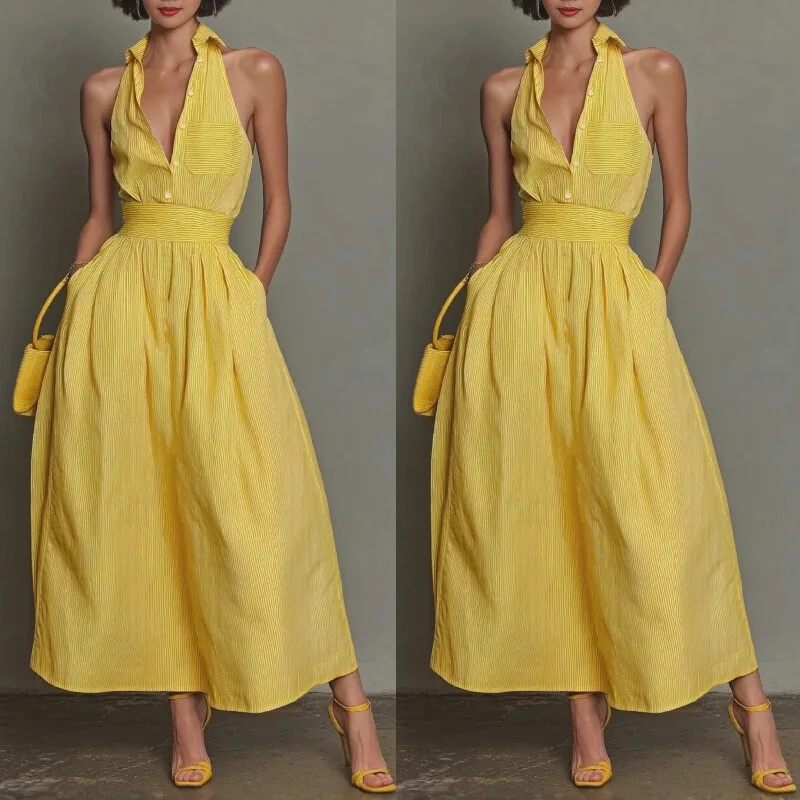 2026 New Yellow Striped V-neck Slim-fit Sleeveless Long Dress With Waist-cinching Design, Vacation Style Sexy Party
2026 New Yellow Striped V-neck Slim-fit Sleeveless Long Dress With Waist-cinching Design, Vacation Style Sexy Party