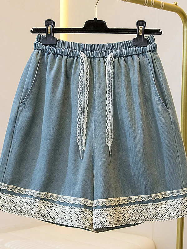 Blue Lace Trim Embroidered Drawstring Denim Shorts Women's Summer New plus Size Loose Waist Five-Quarter Length Pants
Blue Lace Trim Embroidered Drawstring Denim Shorts Women's Summer New plus Size Loose Waist Five-Quarter Length Pants