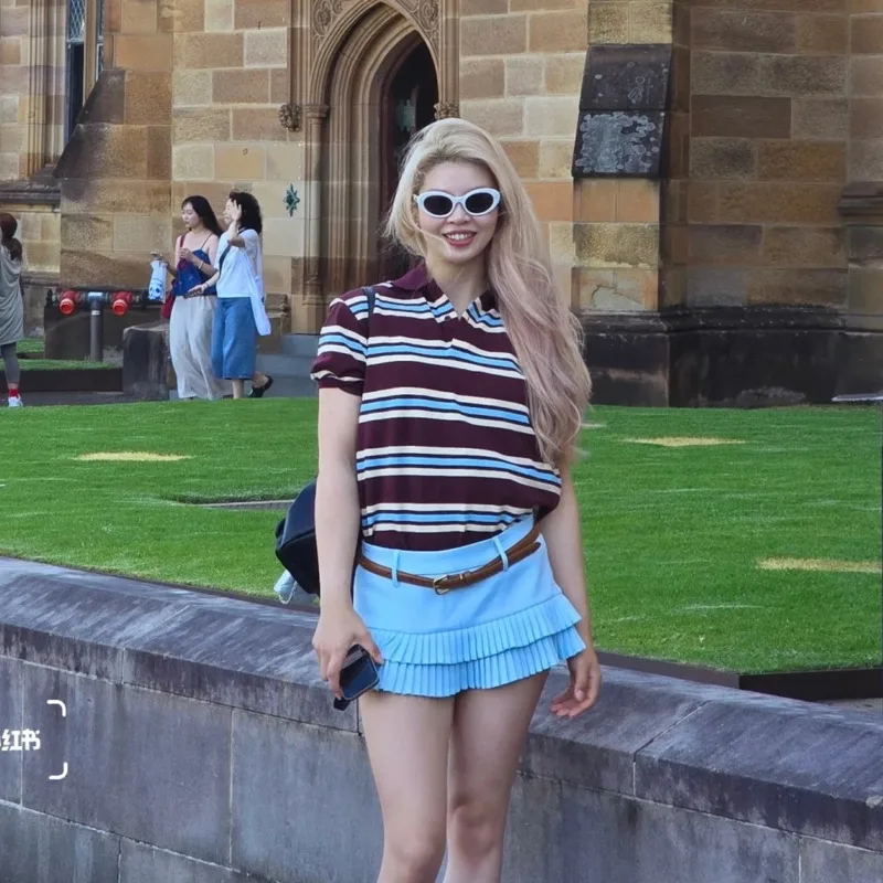 British Burgundy Striped T-shirt Polo Shirts Women's 2025 Summer Chic Casual Pleated Skirt Sets Vintage Preppy Streetwear Outfit
British Burgundy Striped T-shirt Polo Shirts Women's 2025 Summer Chic Casual Pleated Skirt Sets Vintage Preppy Streetwear Outfit