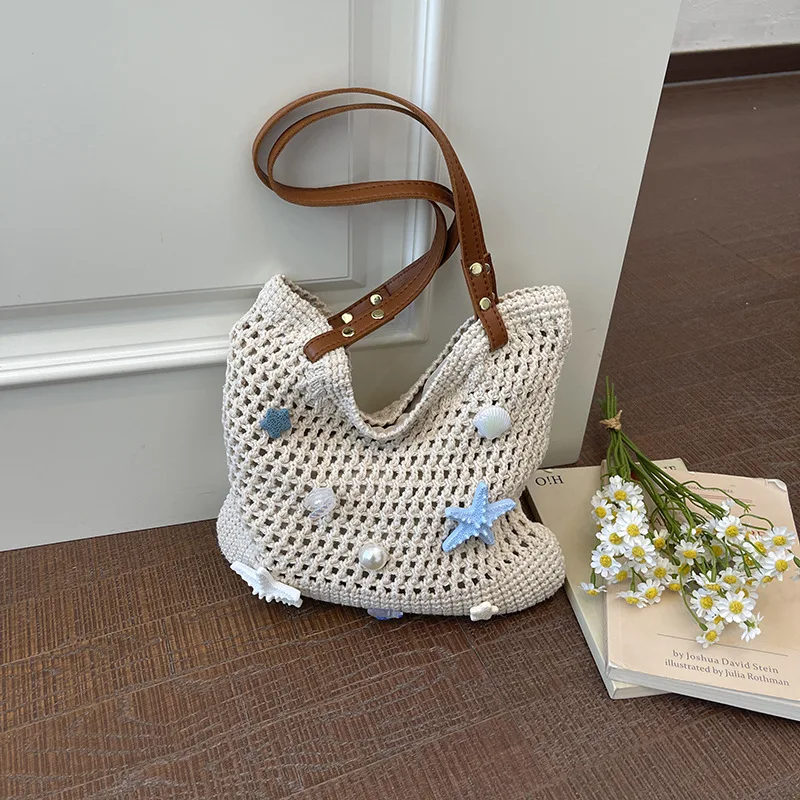 Handmade Crochet Tote Bag with Starfish and Pearl Charms Ocean Theme Beach Shoulder Purse with Leather Handles Summer Vacation
Handmade Crochet Tote Bag with Starfish and Pearl Charms Ocean Theme Beach Shoulder Purse with Leather Handles Summer Vacation