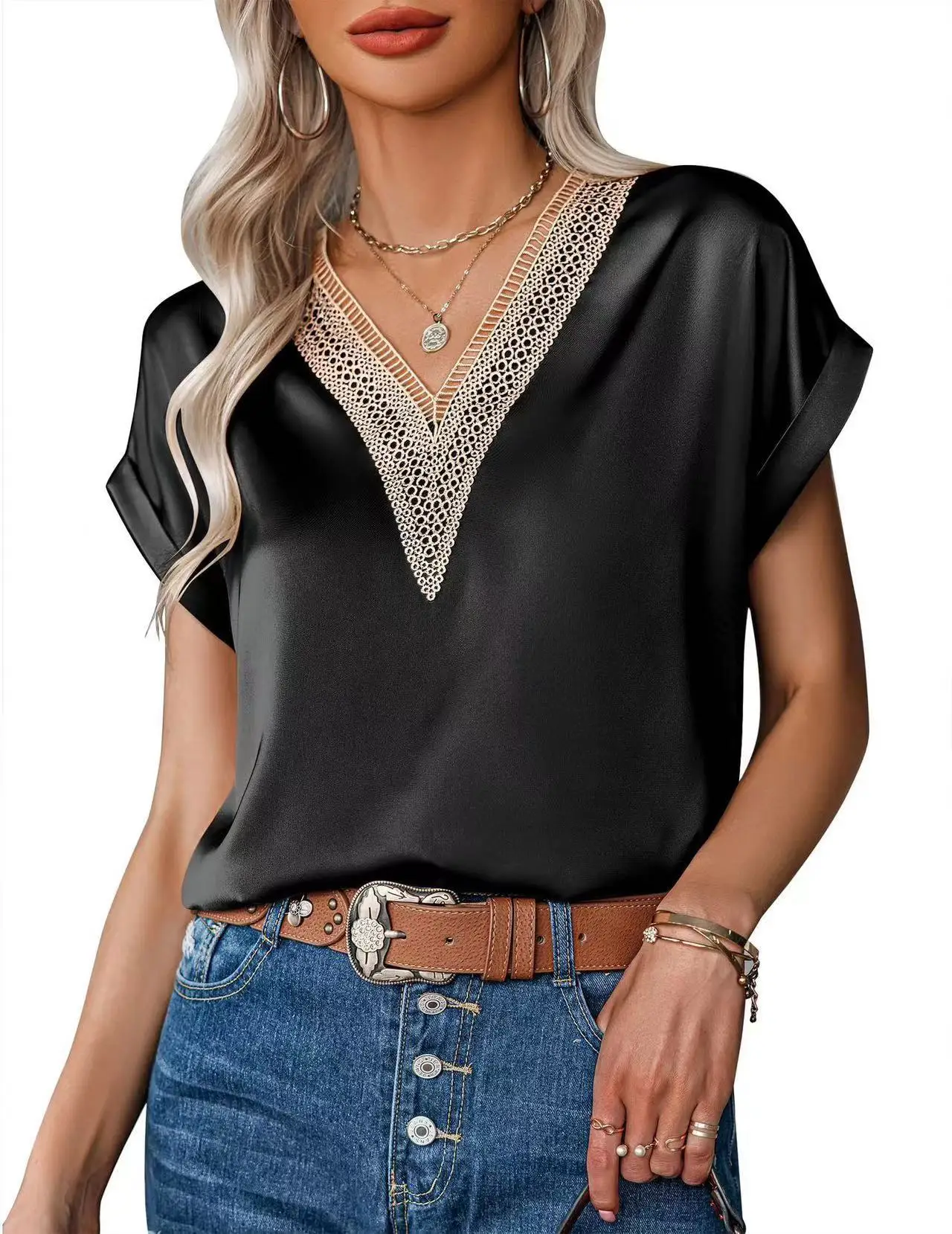 2025 Women's Lace V-Neck Blouse Satin Short Sleeve Office Shirt Casual Loose Fit T-Shirt Summer Pullover Solid T-Shirts Holiday
2025 Women's Lace V-Neck Blouse Satin Short Sleeve Office Shirt Casual Loose Fit T-Shirt Summer Pullover Solid T-Shirts Holiday