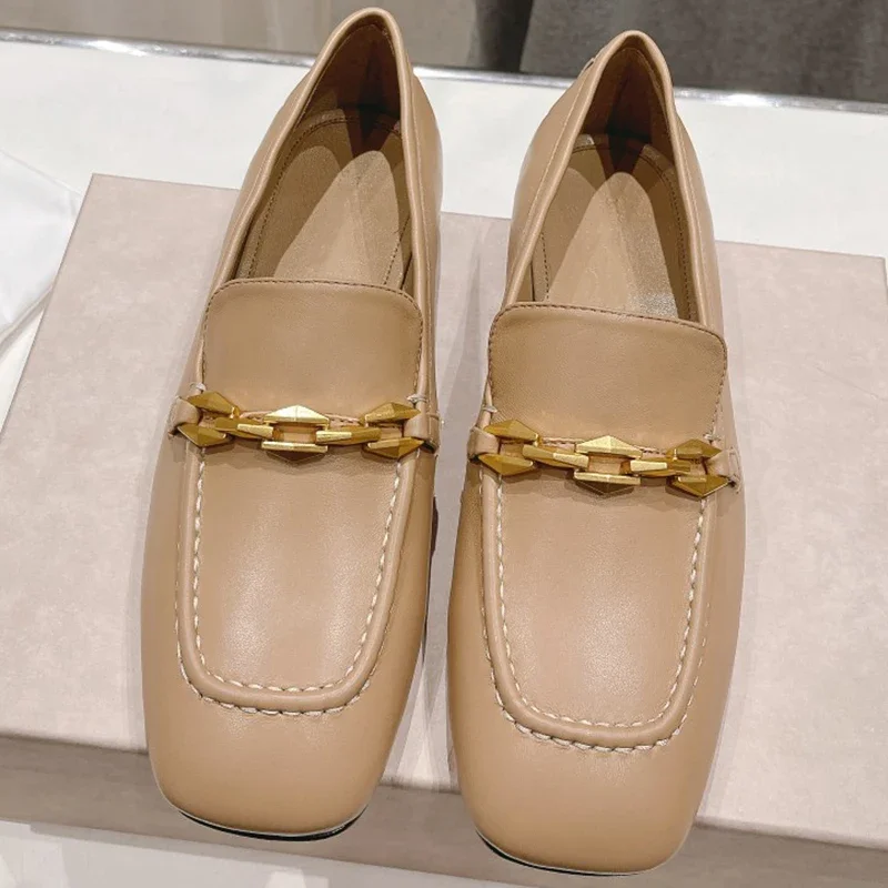 

Fashion Designer Office Lady Summer Khaki Loafers Women's Square Toe Metal Chain Shallow Mouth Low Heeled Shoes
