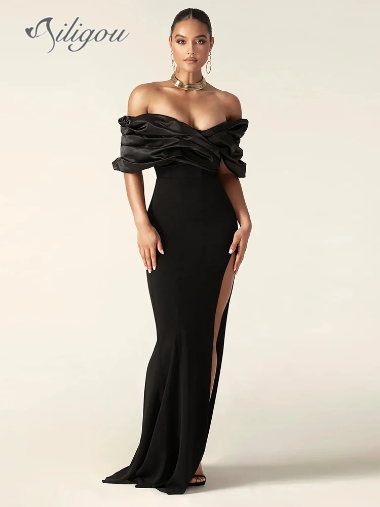 Ailigou 2024 New Summer Women's Sexy Black Simple Elegant Evening Dress Satin Pleated Off Shoulder Split Formal Ball Dress
Ailigou 2024 New Summer Women's Sexy Black Simple Elegant Evening Dress Satin Pleated Off Shoulder Split Formal Ball Dress