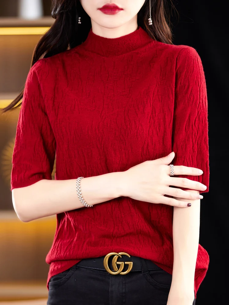 Summer New Women's 100 Wool Knitwear Half High Collar Five Sleeve round Neck Short Base Layer Korean Style Commute Pure Color
Summer New Women's 100 Wool Knitwear Half High Collar Five Sleeve round Neck Short Base Layer Korean Style Commute Pure Color