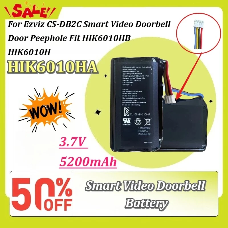 HIK6010HA 3.7V 5200mAh Rechargeable Li-ion Battery for Ezviz CS-DB2C Smart Video Doorbell Door Peephole Fit HIK6010HB HIK6010H
HIK6010HA 3.7V 5200mAh Rechargeable Li-ion Battery for Ezviz CS-DB2C Smart Video Doorbell Door Peephole Fit HIK6010HB HIK6010H