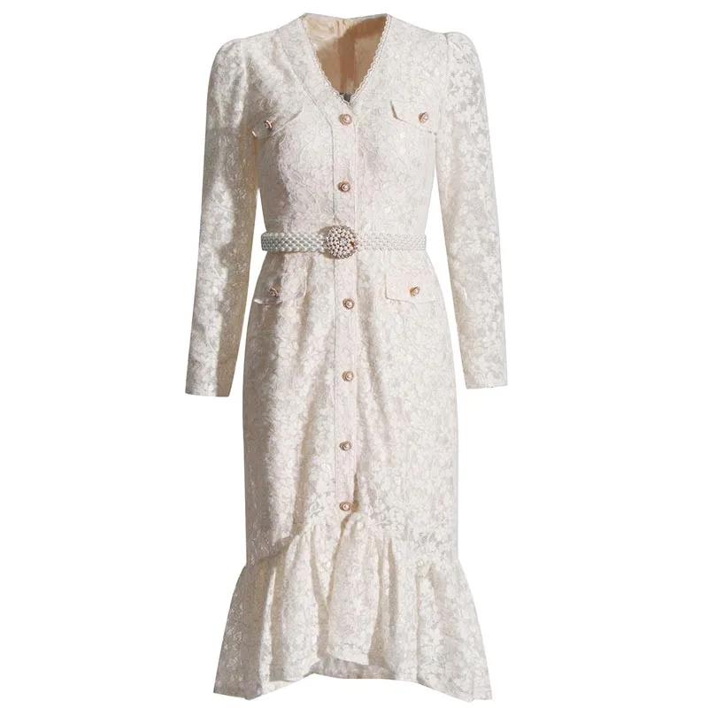 Doris Fanny Spliced Belt Hollow Out Chic Dresses For Women V Neck Long Sleeve High Waist Patchwork Buttons Elegant Dress Female
Doris Fanny Spliced Belt Hollow Out Chic Dresses For Women V Neck Long Sleeve High Waist Patchwork Buttons Elegant Dress Female